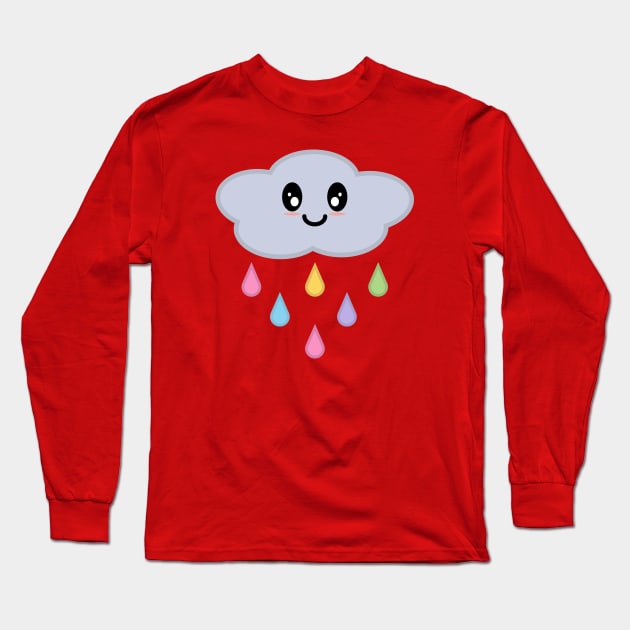 Kawaii Cute Rainbow Raindrop Rain Cloud in Pink Long Sleeve T-Shirt by Kelly Gigi